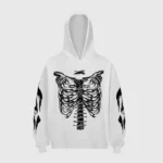 White Hellstar Halloween hoodie featuring a detailed black skeleton print on the front and sleeves for a spooky look