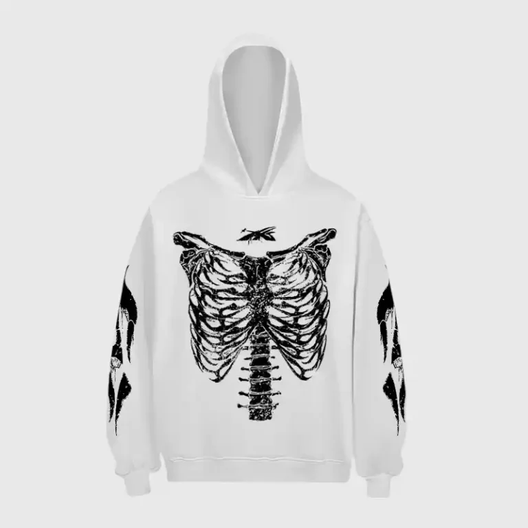 White Hellstar Halloween hoodie featuring a detailed black skeleton print on the front and sleeves for a spooky look