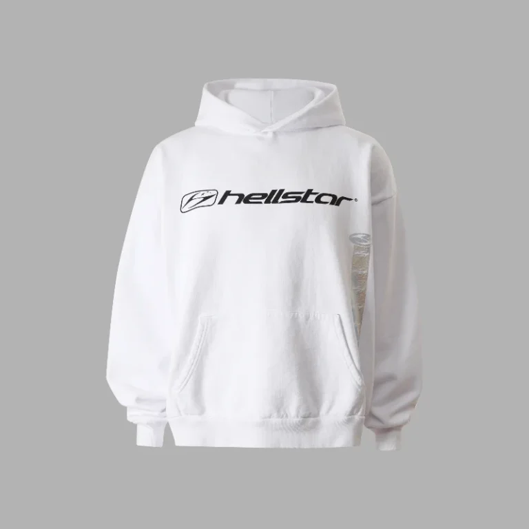A white Hellstar Marathon Hoodie featuring a black screen-printed logo and heavy-duty fleece cotton construction.