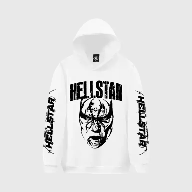 Front view of the white Hellstar Mask Print Hoodie featuring a bold black graphic design on the chest and long sleeves.