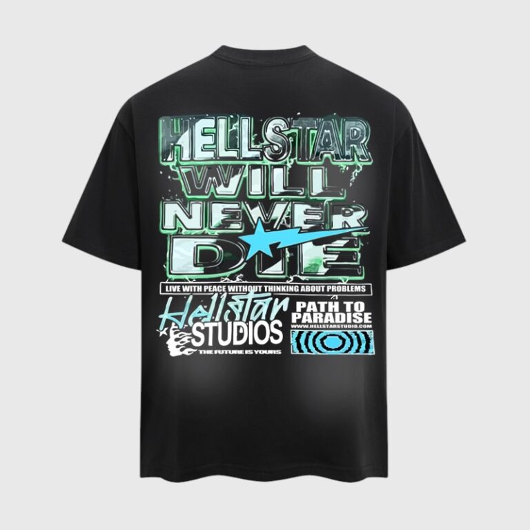 Back view of the black Hellstar Will Never Die graphic streetwear t-shirt with a metallic logo and blue star design.
