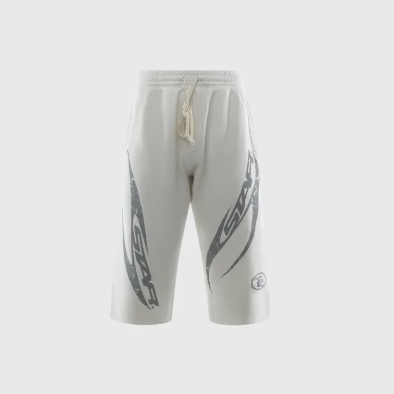 Off-white Hellstar Wing 3/4 length shorts featuring distressed graphic detailing and a comfortable drawstring waistband