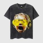 Hellstar vintage washed black cotton T-shirt featuring a graphic print of a crying baby wearing headphones