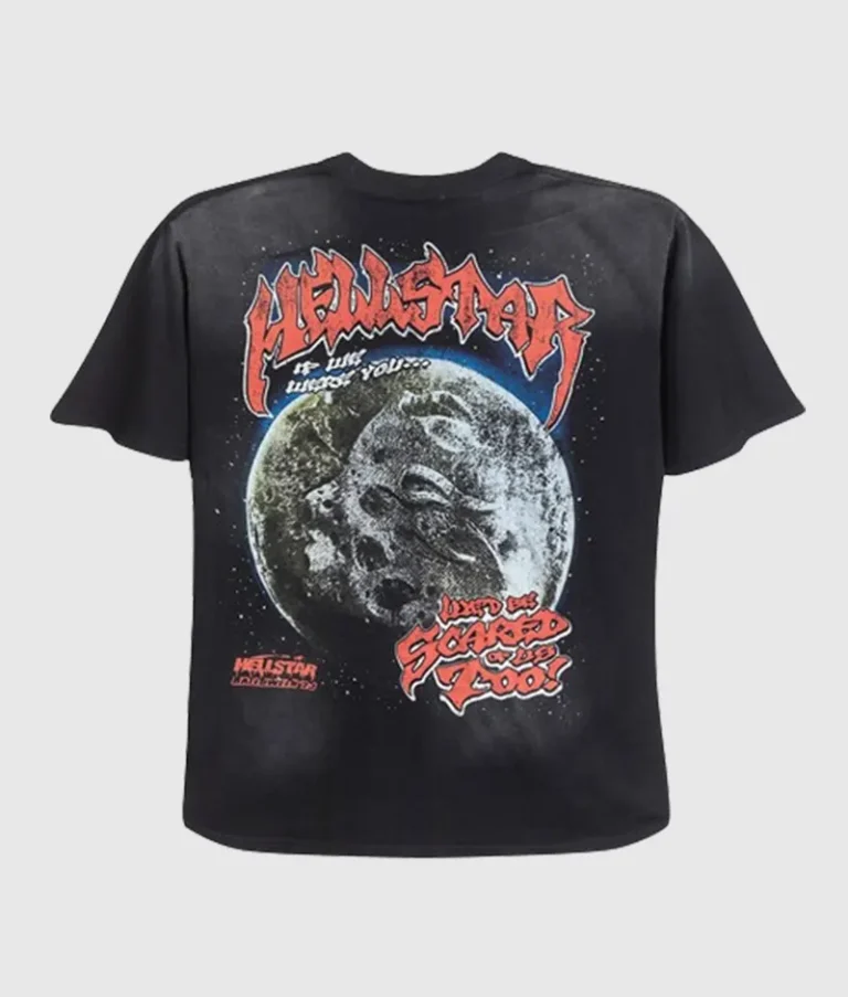 Back view of the Hellstar Wolf T-shirt, a vintage washed black cotton graphic tee featuring a moon print design.