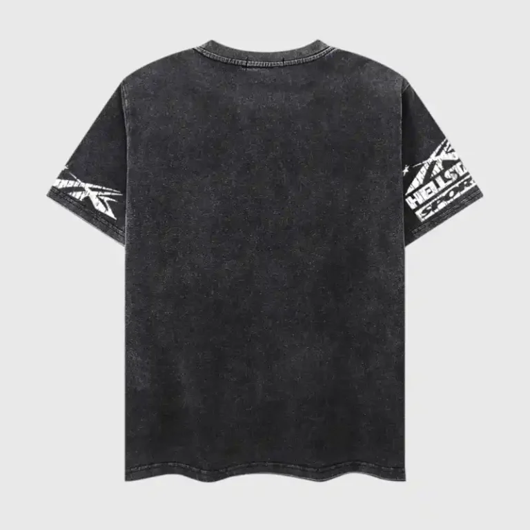 Back view of the black Hellstar Worldwide Flight T-shirt featuring vintage wash cotton and signature sleeve graphics.