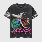 Black vintage wash Hellstar Worldwide Flight T-shirt featuring a graphic print of a hand holding an airplane over a globe.