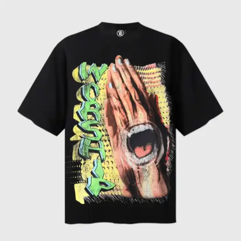 Hellstar Worship Hands graphic t-shirt in premium black cotton with a unique urban streetwear screen print design.