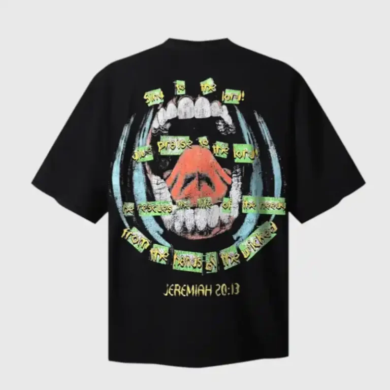 Back view of the black Hellstar Worship Hands T-shirt featuring a detailed screen-printed graphic and biblical text.