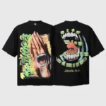 Front and back view of the black Hellstar Worship Hands T-shirt with signature screen printed graphic design.
