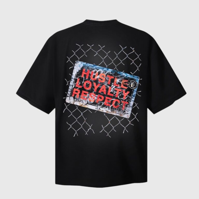 Back view of the Hellstar Wrestlemania John Cena T-shirt featuring a Hustle Loyalty Respect graphic and chain-link design.