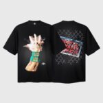 Front and back of a vintage washed black Hellstar WWE John Cena T-shirt with iconic wrestling graphics and slogans.