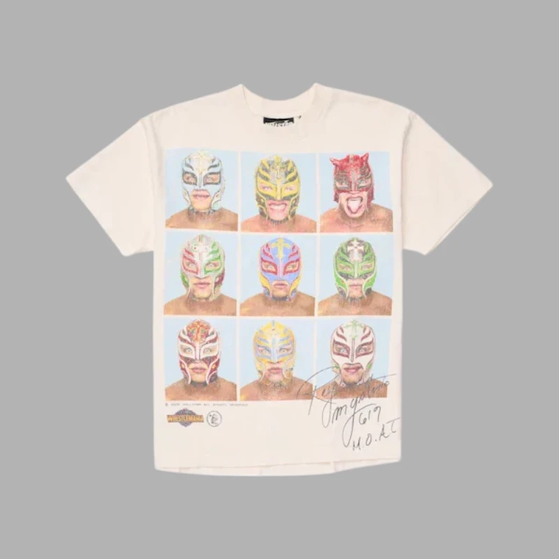 Hellstar Wrestlemania Rey Mysterio Vintage Washed T Shirt Off White Off-white Hellstar Wrestlemania Rey Mysterio graphic t-shirt featuring a vintage washed look with iconic luchador masks.