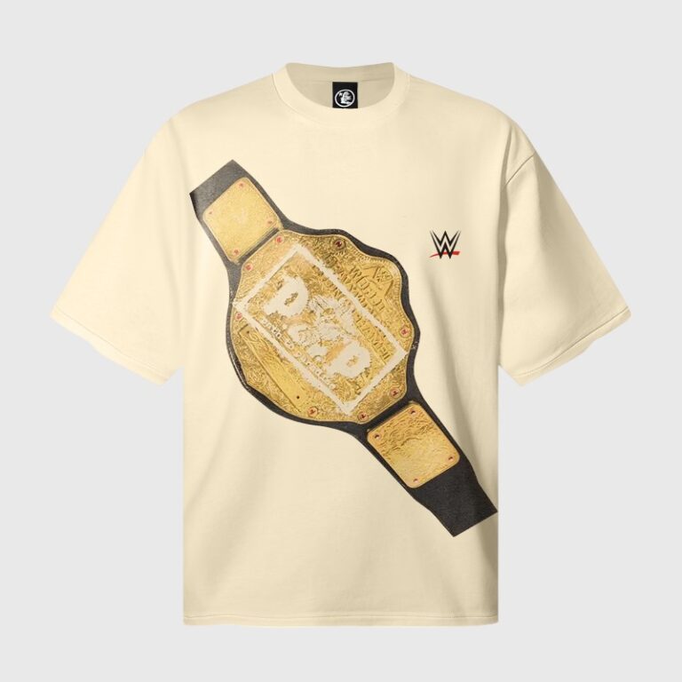 A cream Hellstar crew neck T-shirt featuring a detailed gold WWE Heavyweight Championship belt graphic on the front.