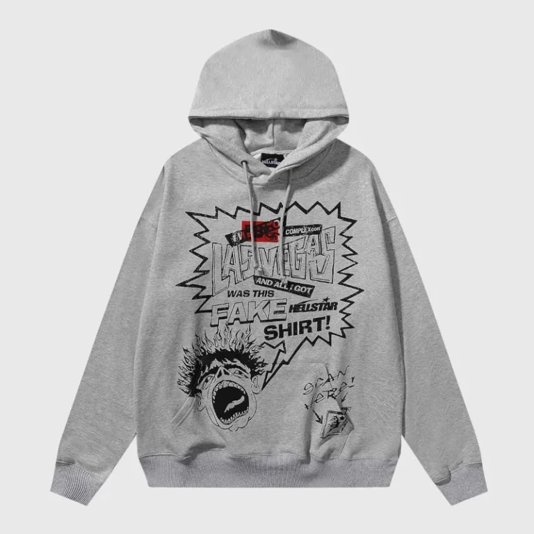 Grey Hellstar x ComplexCon exclusive hoodie with graphic screen print design, featuring a relaxed fit and cotton blend.