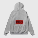 Grey Hellstar x ComplexCon exclusive pullover hoodie viewed from the back featuring a bold red PBC box graphic print.