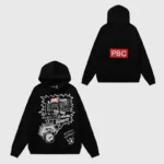 Front and back view of the black Hellstar x ComplexCon exclusive streetwear hoodie with graphic prints and PBC branding.