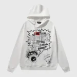 Front view of the limited-edition white Hellstar x ComplexCon exclusive graphic pullover hoodie with bold screen prints.