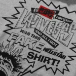 Close-up of the graphic print on a Hellstar x ComplexCon exclusive hoodie featuring Las Vegas and streetwear typography.