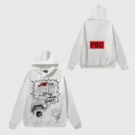 White Hellstar x ComplexCon exclusive hoodie featuring a graphic print front and PBC logo on the back view.
