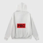 Back view of the limited edition white Hellstar x ComplexCon exclusive hoodie featuring a bold red PBC logo print.