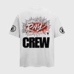 Back view of a white Hellstar x Howlin Ray's graphic T-shirt featuring Rays Crew text and stylized flame design