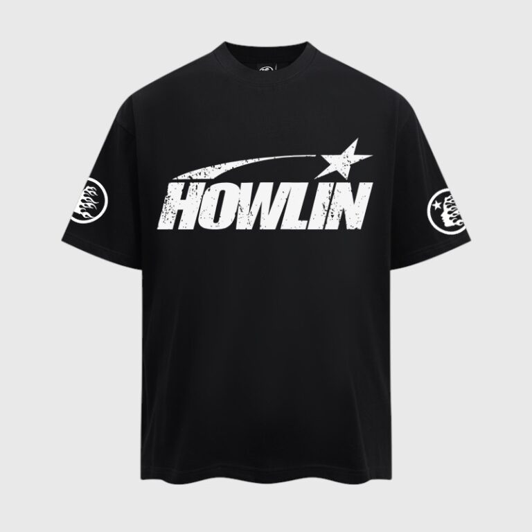 Black Hellstar x Howlin Ray's graphic T-shirt featuring a distressed white Howlin logo and circular sleeve designs.
