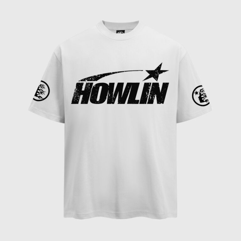 Hellstar x Howlin Ray's collaborative white graphic T-shirt featuring a distressed black star trail logo and sleeve prints.