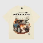 Front view of the cream Hellstar x Post Malone Austin graphic t-shirt featuring a burning truck design and album branding