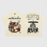 Front and back view of the cream-colored Hellstar x Post Malone Austin graphic tee with a vintage washed finish.
