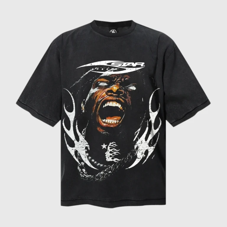 Black Hellstar x Travis Scott graphic t-shirt featuring a detailed screaming face portrait and flame style artwork