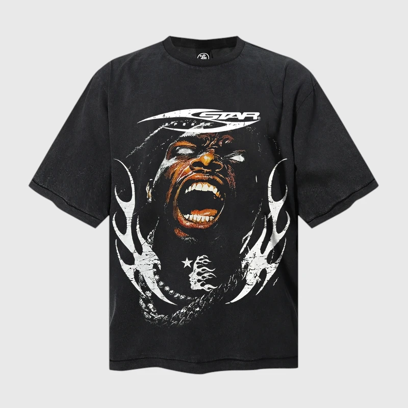Hellstar x Travis Scott Graphic T Shirt Black Hellstar x Travis Scott graphic t-shirt featuring a detailed screaming face portrait and flame style artwork