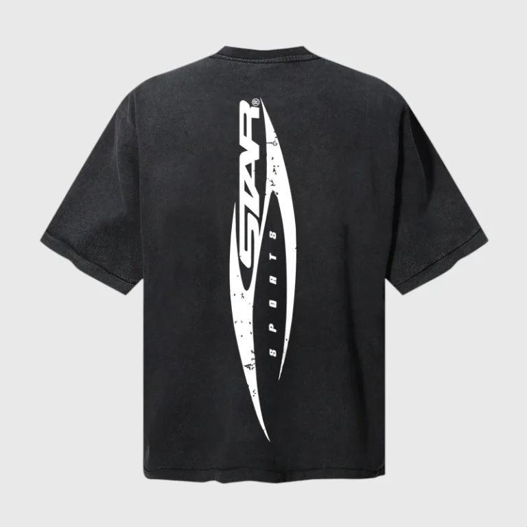 Back view of the black Hellstar x Travis Scott T-shirt featuring a vertical white graphic print of the Star Sports logo.
