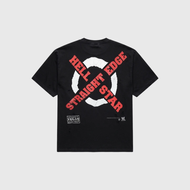 Black Hellstar x WWE CM Punk vintage heavyweight cotton t-shirt featuring distressed Straight Edge graphic print.