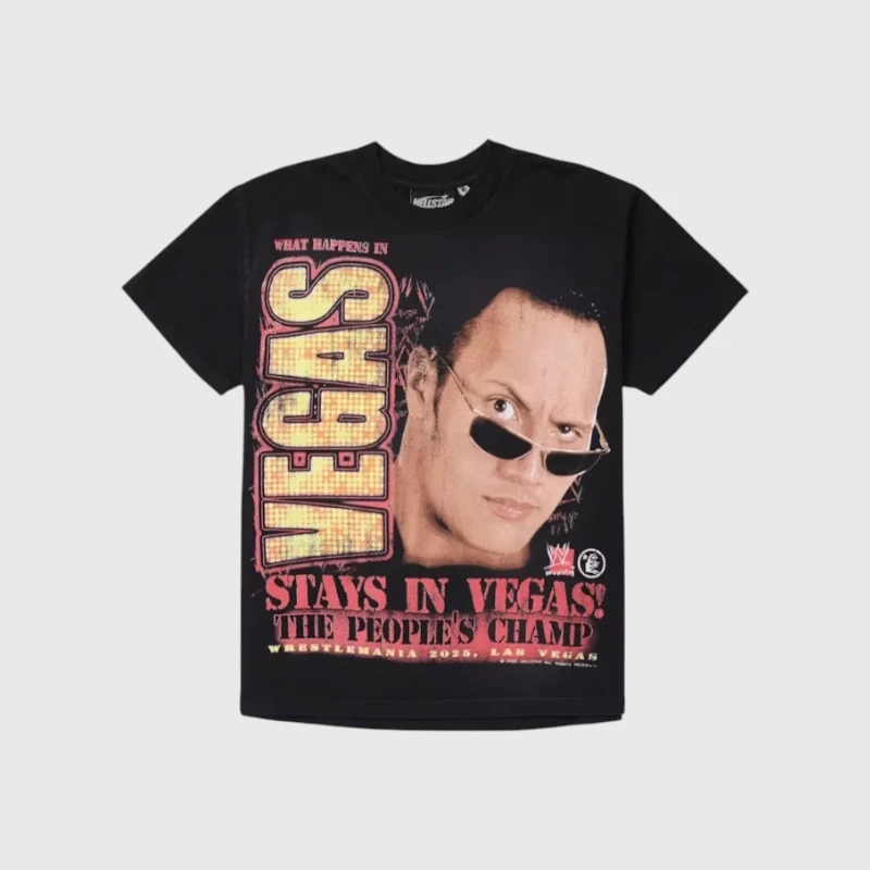 Black Hellstar x WWE The Rock Vegas T-Shirt with vintage washed graphic design for a premium streetwear aesthetic.