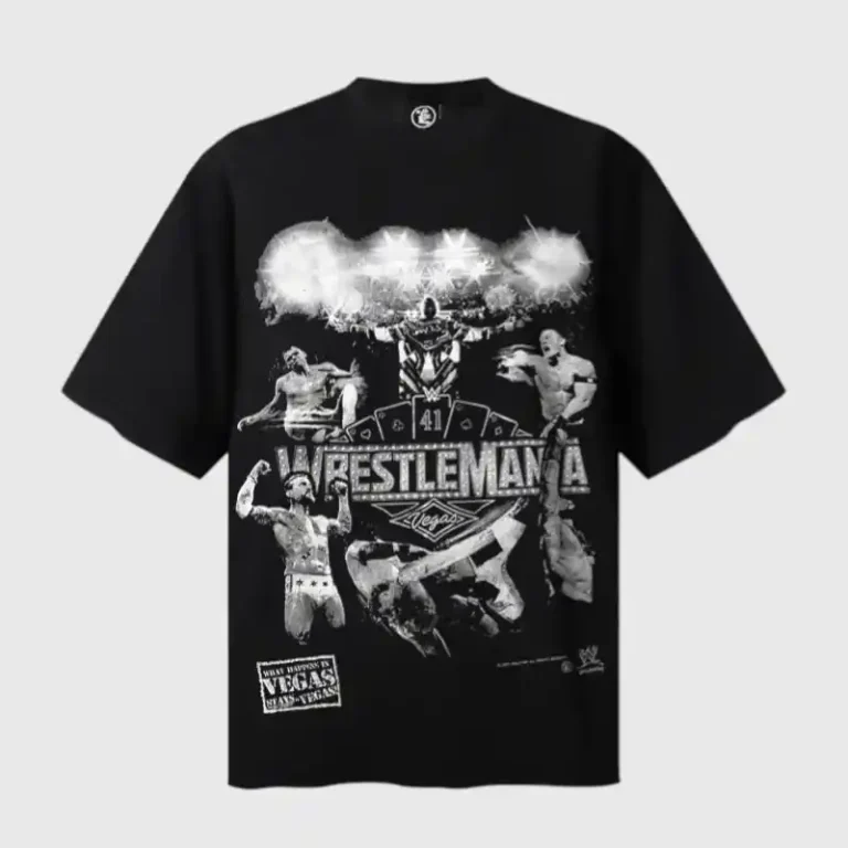 Front view of the black Hellstar x WWE Wrestlemania collaboration graphic t-shirt with screenprinted vintage artwork.