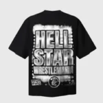 Back view of the black Hellstar x WWE Wrestlemania T-Shirt featuring large metallic graphic screen print lettering.