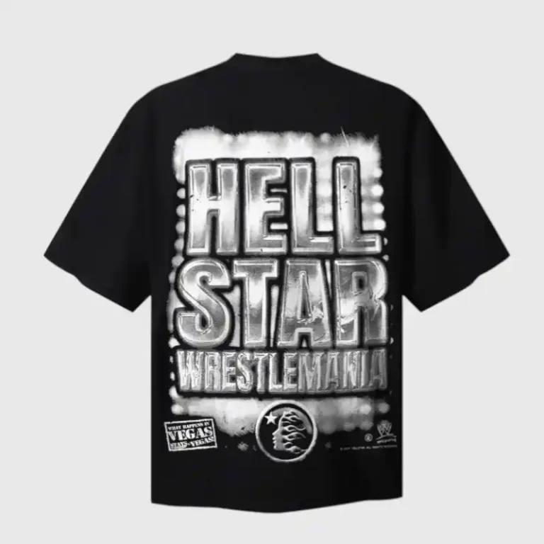 Back view of the black Hellstar x WWE Wrestlemania T-Shirt featuring large metallic graphic screen print lettering.