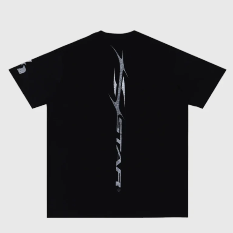 Back view of a black Hellstar Athletics T-shirt featuring a vertical silver graphic logo on the center of the garment.