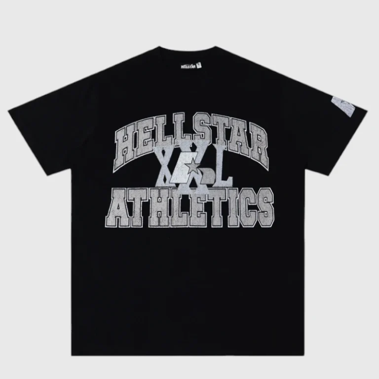 Front view of a black Hellstar Athletics T-shirt featuring large silver XXL varsity graphic printing on the chest.