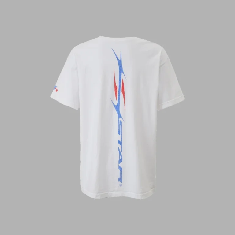 Back view of the Hellstar XXL Athletics white T-shirt featuring a vertical graphic print on premium cotton.