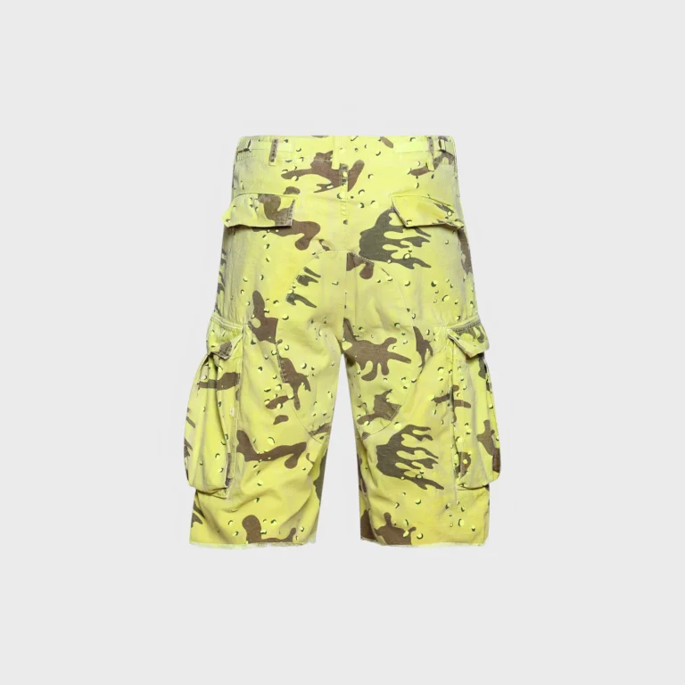 Back view of Hellstar cargo shorts in yellow camouflage print with multiple utility pockets and branded detailing.