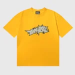 Yellow Hellstar Crack Print T-shirt with vintage-inspired graphic logo on soft cotton streetwear crew neck tee.