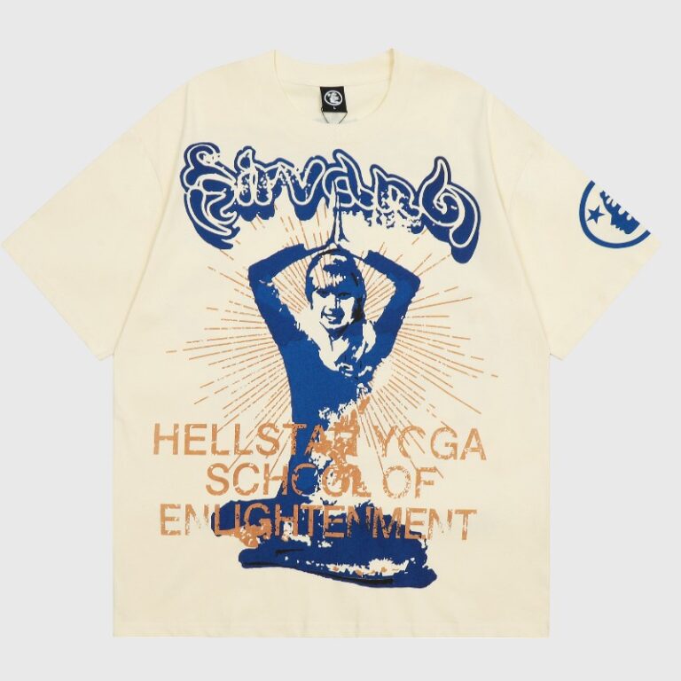 Hellstar Studios cream/beige yoga tee featuring a blue meditating figure graphic and "Hellstar Yoga School of Enlightenment"