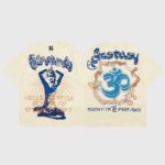 Beige Hellstar yoga T‑shirt front/back with bold blue Om graphic, seated yogi artwork and "Yoga School of Enlightenment" text