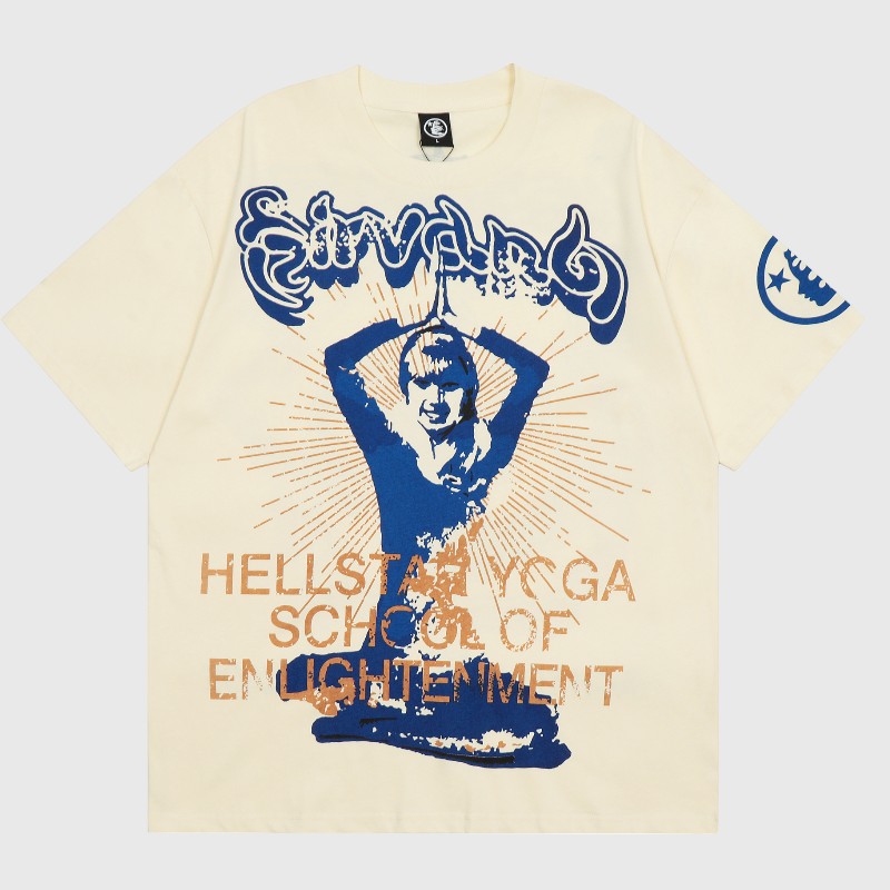 Hellstar Yoga T Shirt Beige Hellstar Studios cream/beige yoga tee featuring a blue meditating figure graphic and "Hellstar Yoga School of Enlightenment"