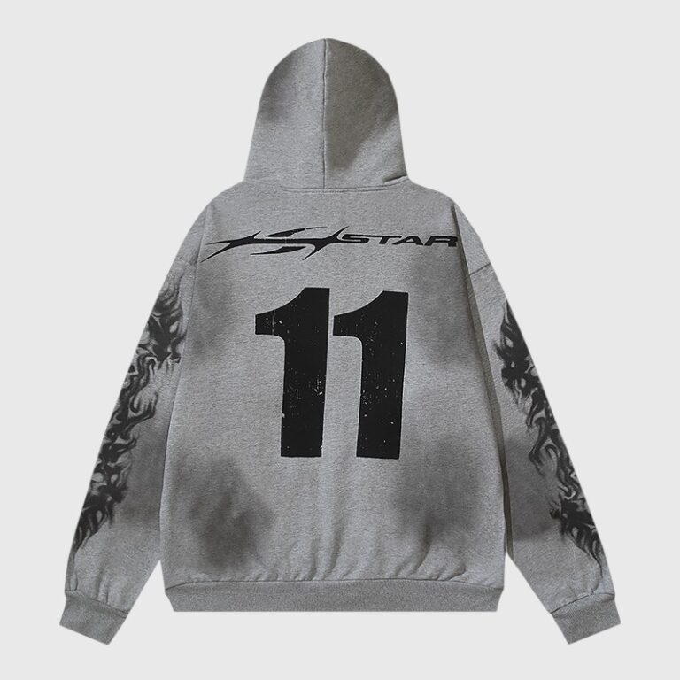 Back view of the grey Hellstar Yoga Zip Up Hoodie featuring bold graphic prints and a number eleven design.