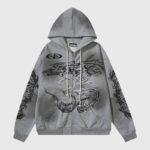 The Hellstar Yoga Zip Up Hoodie in dark grey, featuring premium fleece fabric and an edgy graphic screen print.