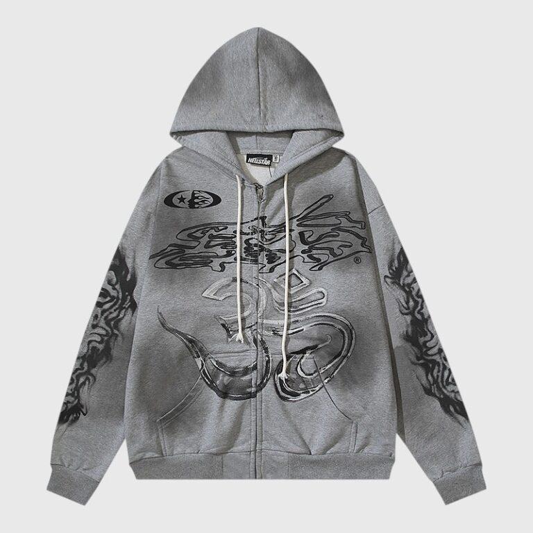The Hellstar Yoga Zip Up Hoodie in dark grey, featuring premium fleece fabric and an edgy graphic screen print.