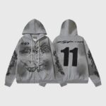 Front and back view of the grey Hellstar Yoga Zip Up Hoodie featuring black graphic screen prints and athletic fit.