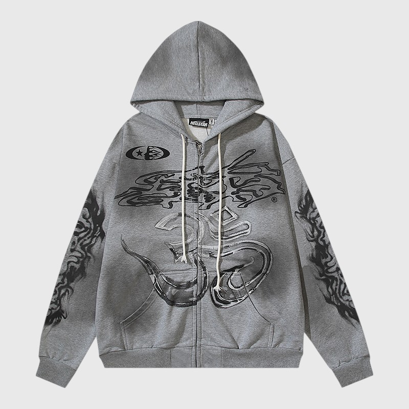 Hellstar Yoga Zip Up Hoodie Grey The Hellstar Yoga Zip Up Hoodie in dark grey, featuring premium fleece fabric and an edgy graphic screen print.
